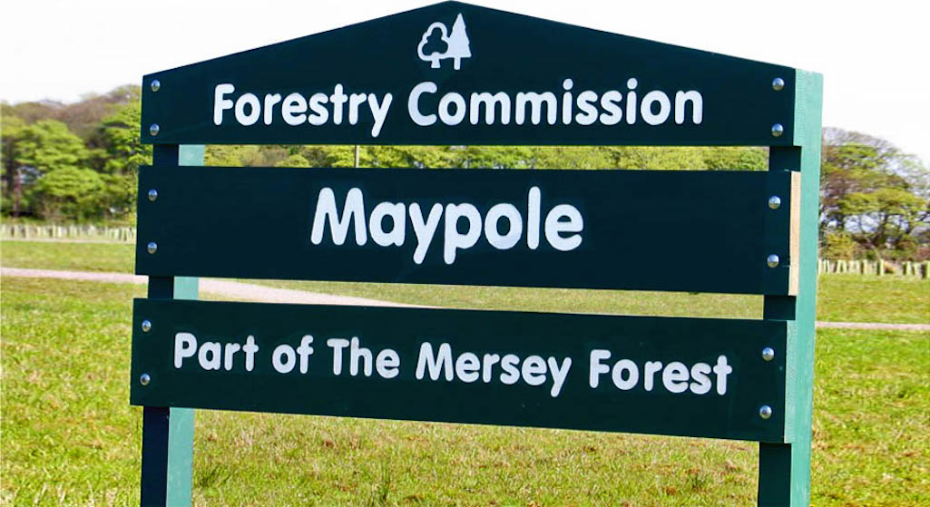 Maypole Wood sign by the Clock Face Country Park in Sutton, St Helens