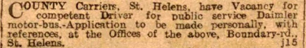 Advert in the Liverpool Echo from January 1915 for a driver for the new Sutton Manor bus