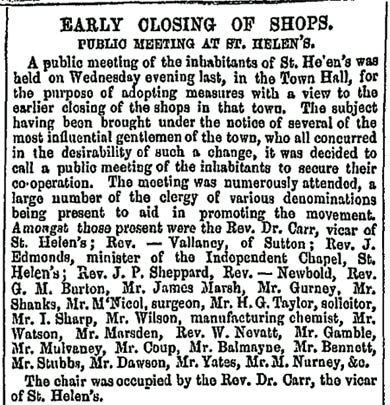 Liverpool Mercury report on early closing in St.Helens in 1855