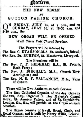 St.Helens Newspaper article on Sutton Parish Church's new organ