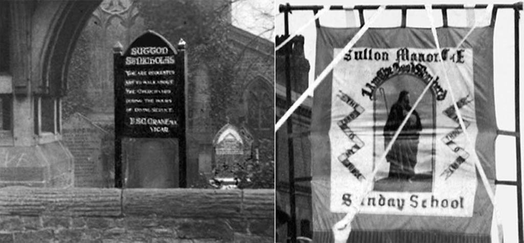 St.Nicholas Church, St.Helens c.1905 when Rev. Crane was vicar and Sutton Manor Mission Sunday School banner