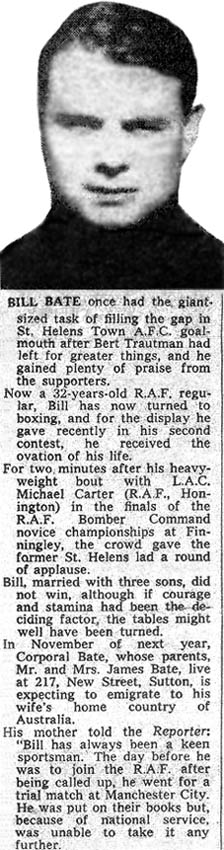 St.Helens Reporter article on goalkeeper Bill Bate