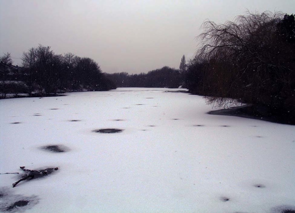 The frozen Sutton Mill Dam in Sutton, St Helens